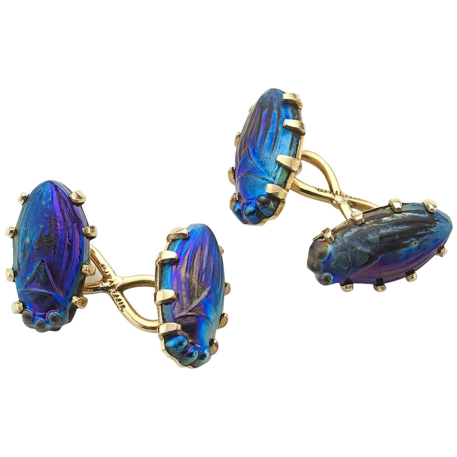 Tiffany & Co. Iridescent Glass Scarab and Gold Cufflinks