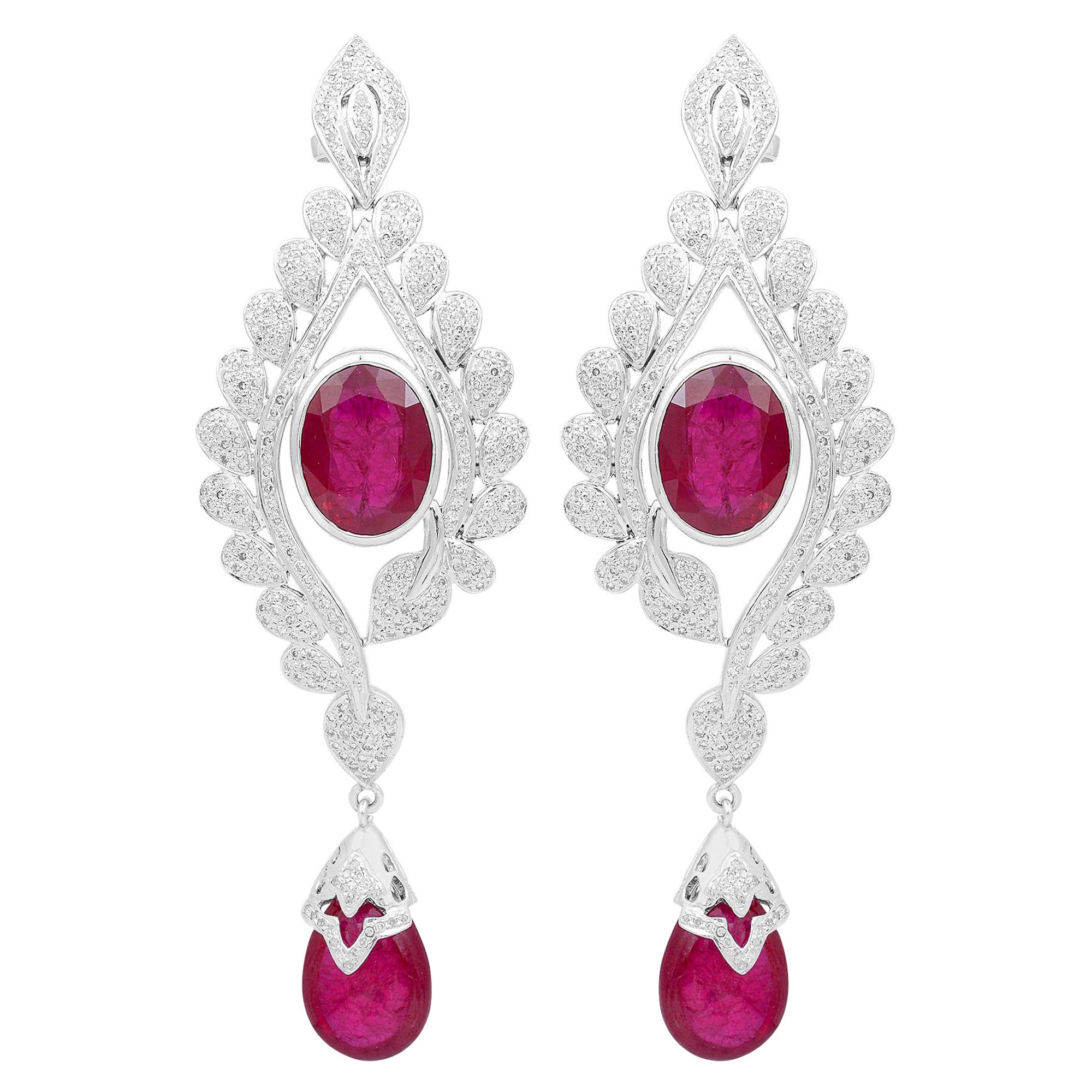 Ruby Gemstone Dangle Earrings Diamond 18 Karat Gold Silver Handmade Jewelry