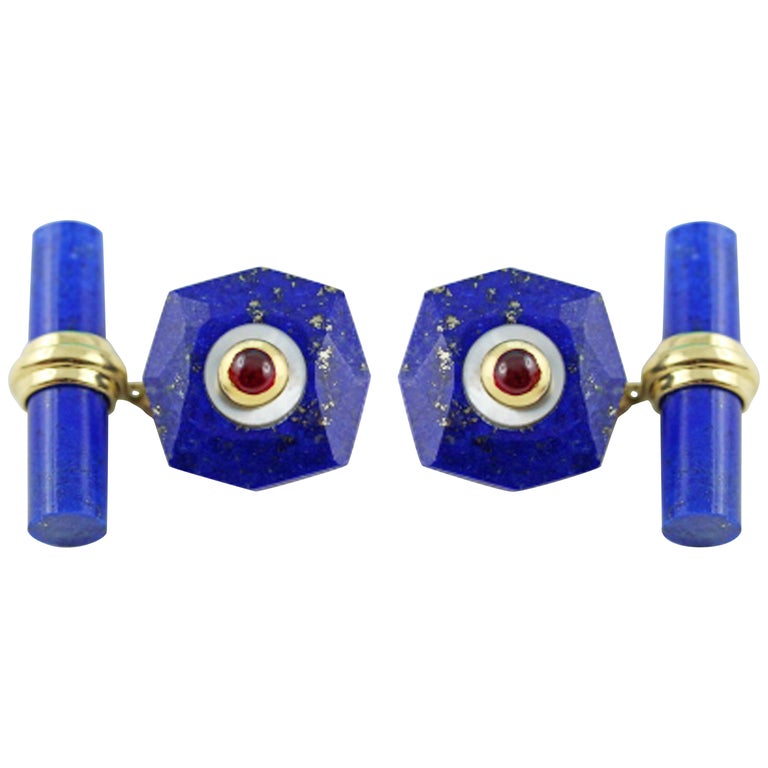 Boutons De Manchette En OR 18 Carats Jaune - Diamant & Émail Bleu - Italie - Occasion (léger Port)