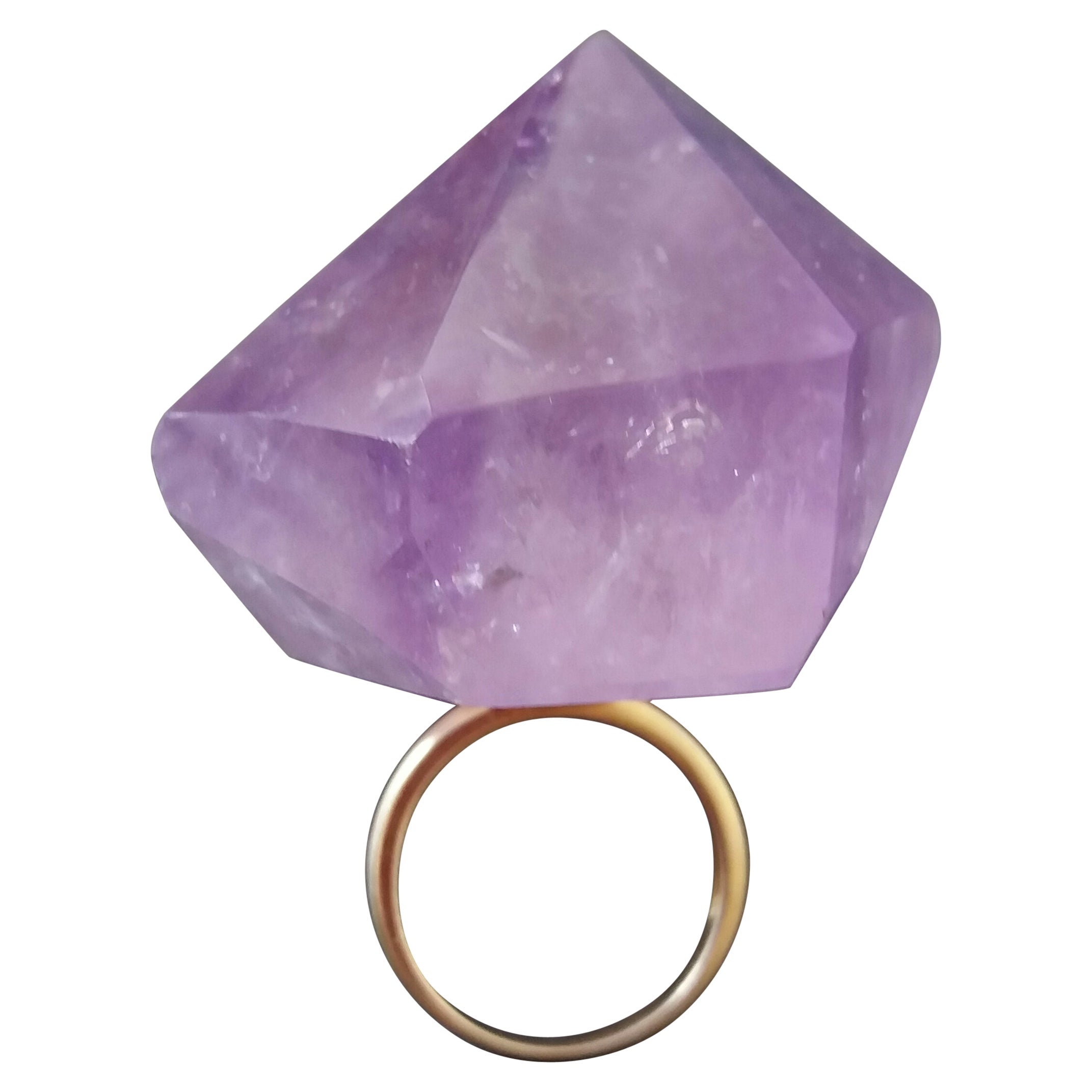 Genuine 343 Carats Amethyst Crystal 14K Solid Yellow Gold Fashion Ring For Sale