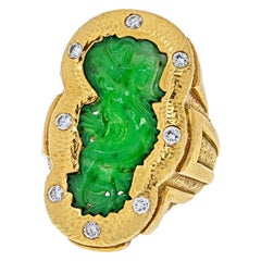 Vintage David Webb Platinum & 18K Yellow Gold 1970's Carved Jade Dragon Style Ring