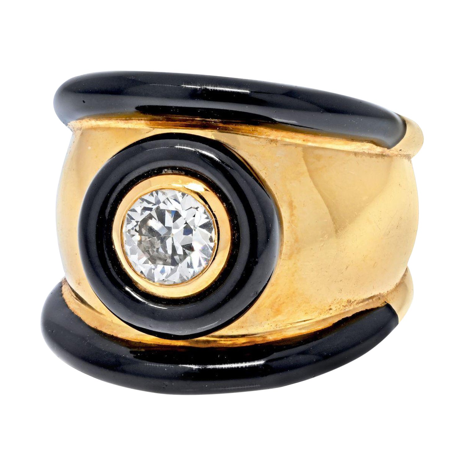 David Webb Platinum & Gold Single Round Diamond Bezel Set Black Enamel Ring