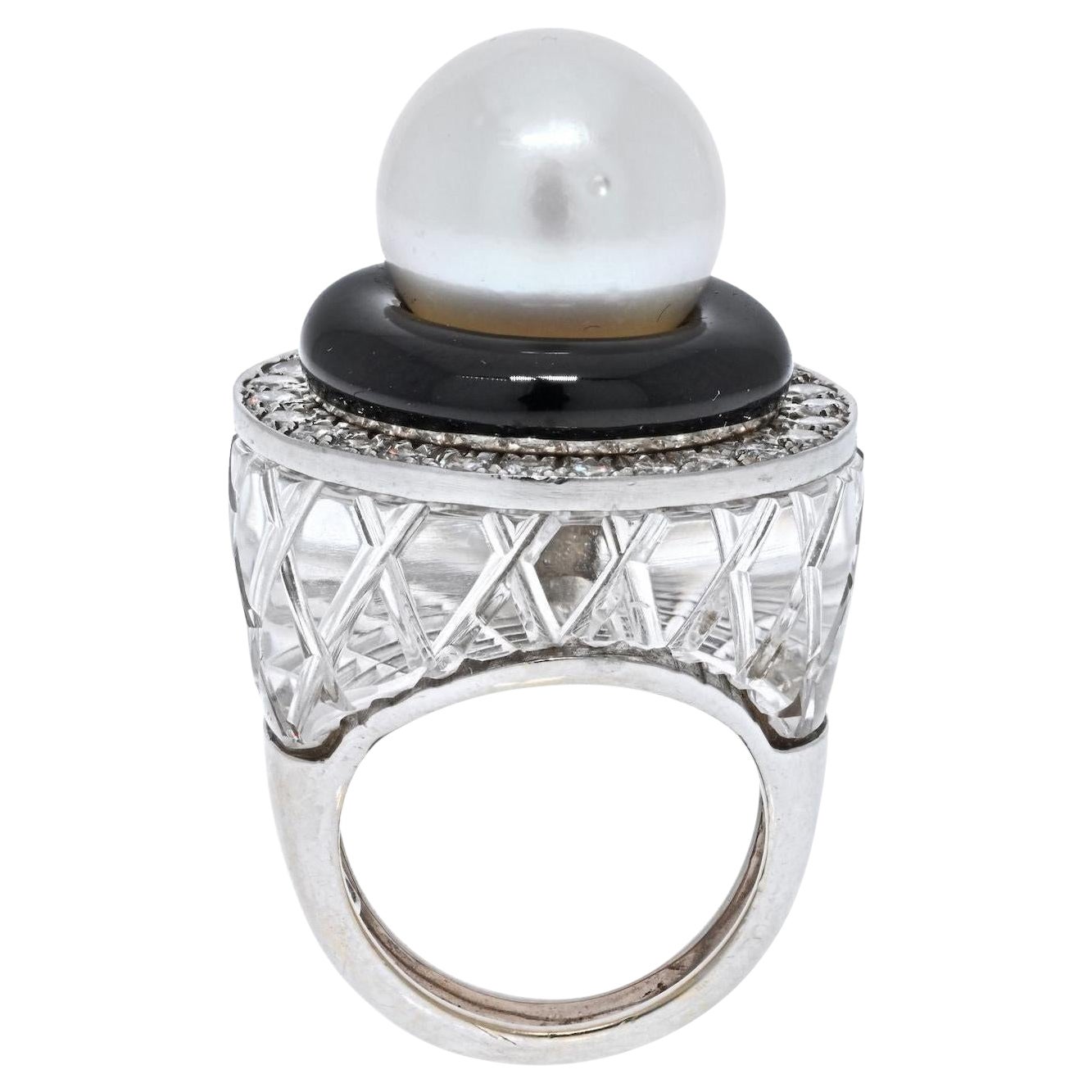 David Webb Platine et or blanc 18K Cristal de roche, diamants, émail noir, perle