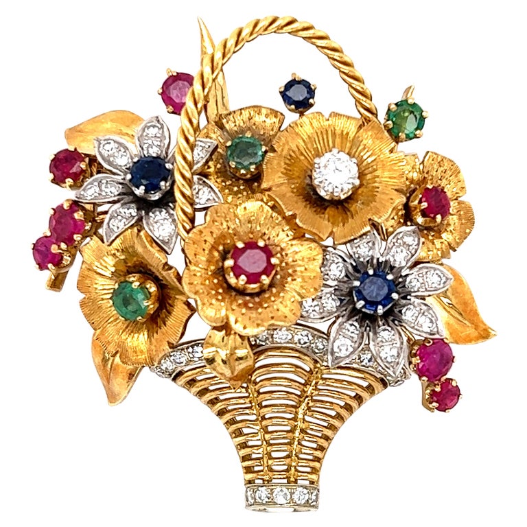 Retro Floral Bouquet Brooch 18k Yellow Gold Diamond Emerald Ruby & Sapphire For Sale
