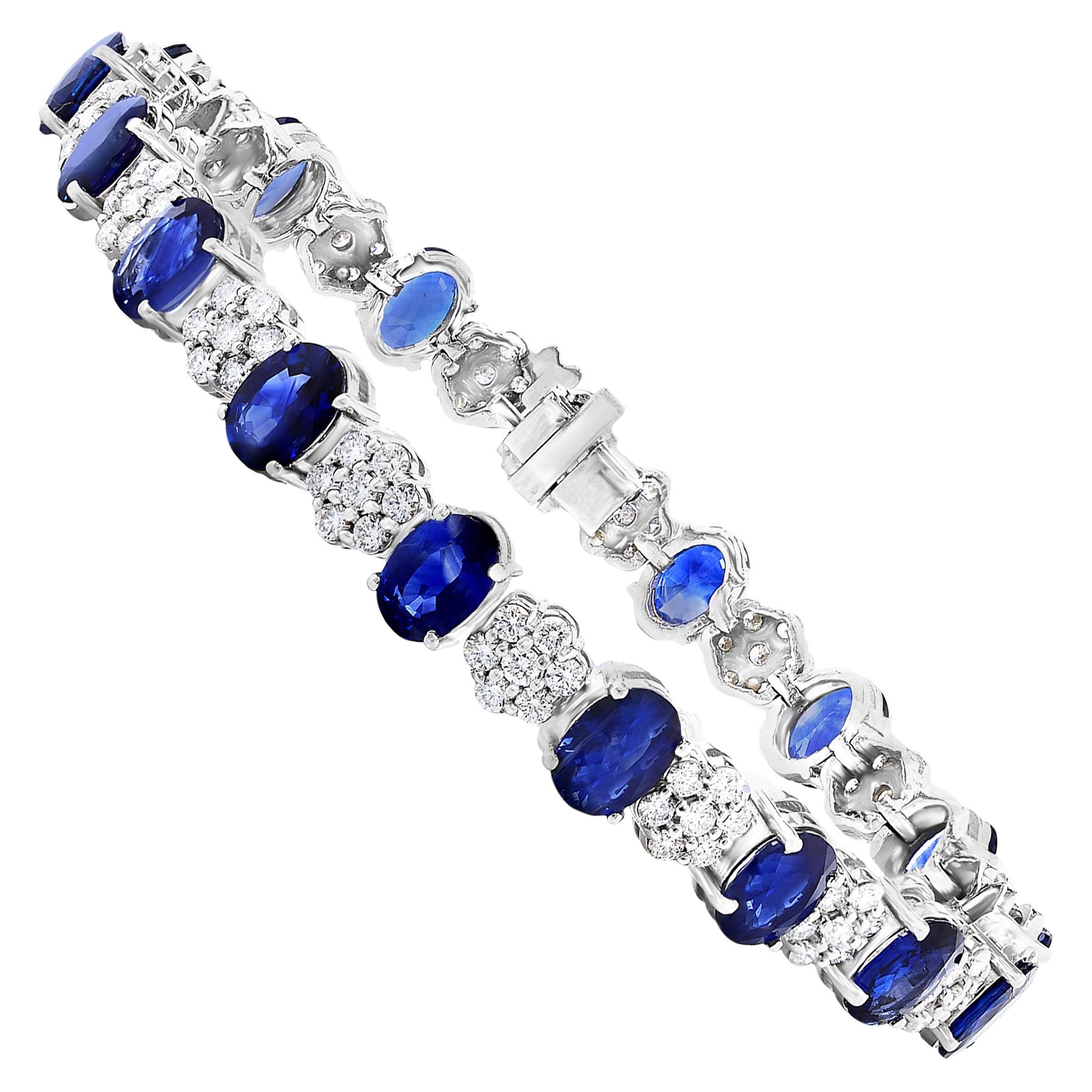 15.26 Carat Oval Cut Blue Sapphire and Diamond Tennis Bracelet in 14K White Gold For Sale