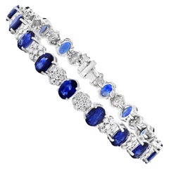 15.26 Carat Oval Cut Blue Sapphire and Diamond Tennis Bracelet in 14K White Gold