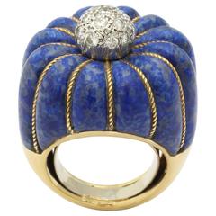 1960s Fluted Lapis Lazuli Diamond Gold Platinum Striped Dome Ring