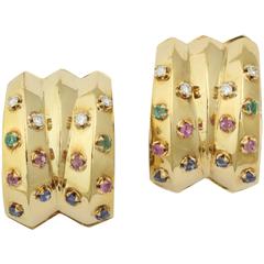 Vintage 1950s Double Knife-Edged Gold Reversible Colored Stones Earrings With Diamonds