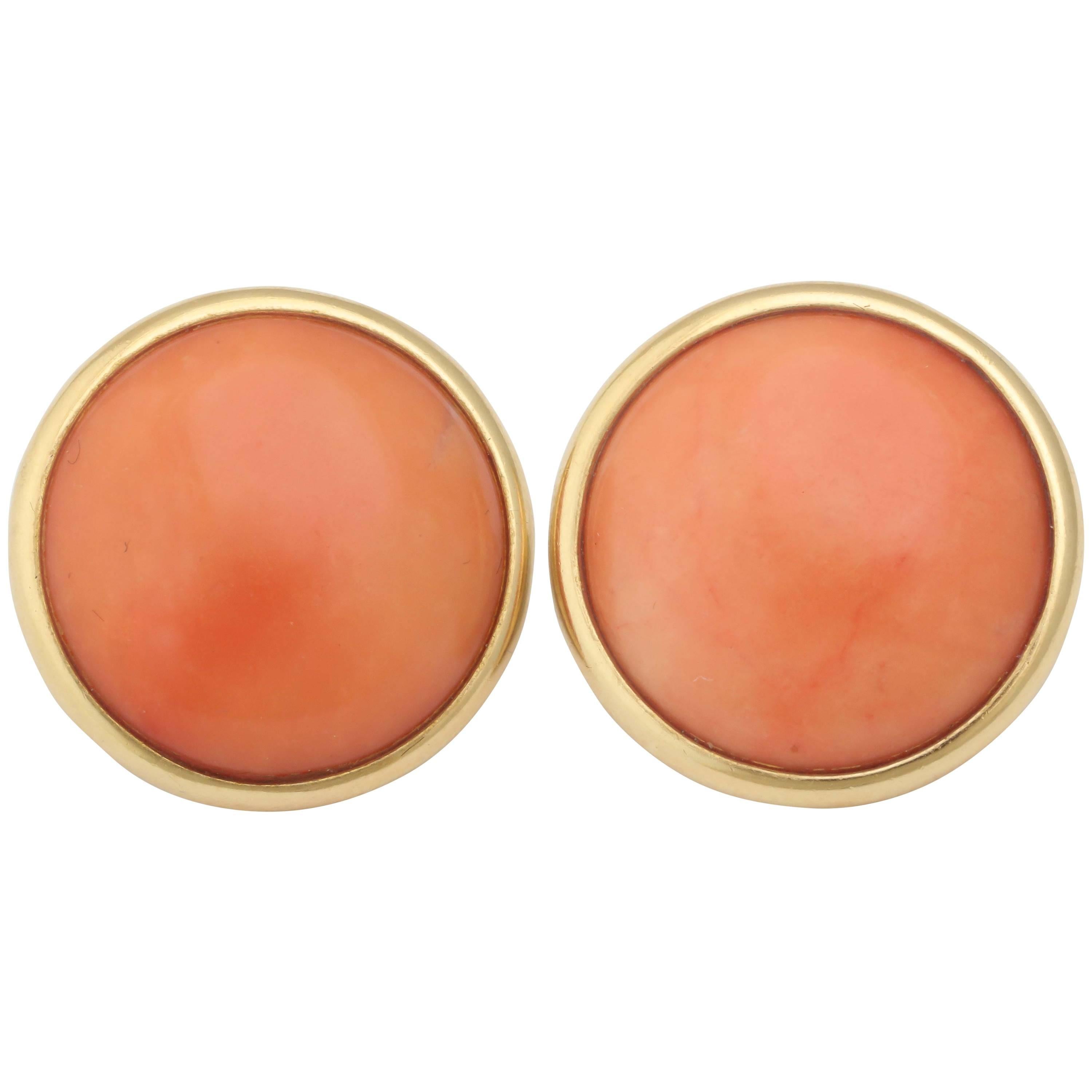 1980s Tambetti Bezel Set Large Coral Gold Circular Clip-On Earrings
