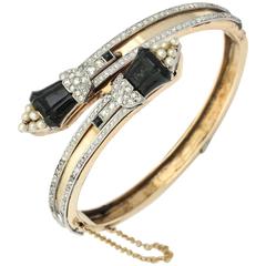 Edwardian Onyx Pearl Diamond Gold Platinum Crossover Bangle Bracelet