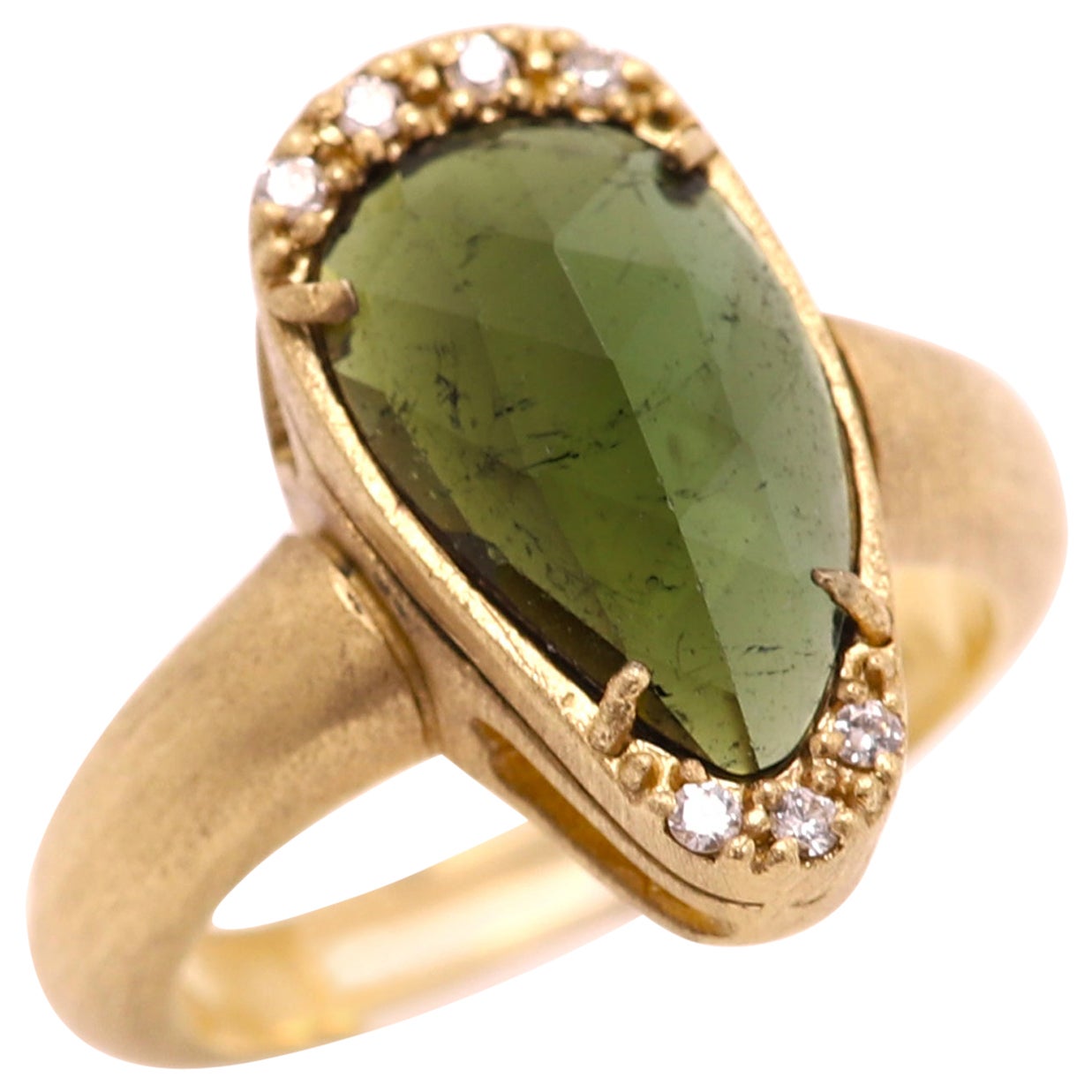 Green Tourmaline Sliced Gem Ring 14 Karat Gold Vintage Green Tourmaline Ring For Sale