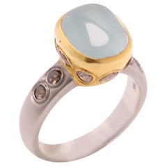 Aquamarine Ring Hand 18 Karat & Old Cut Diamonds Vintage Aquamarine Gold Ring