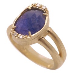 Blue Sapphire Sliced Gem Ring 14 Karat Gold Vintage Sapphire Ring