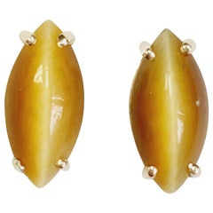 5.70 Carat Marquise Shape Cat's Eye 14 Karat Yellow Gold Studs Earrings