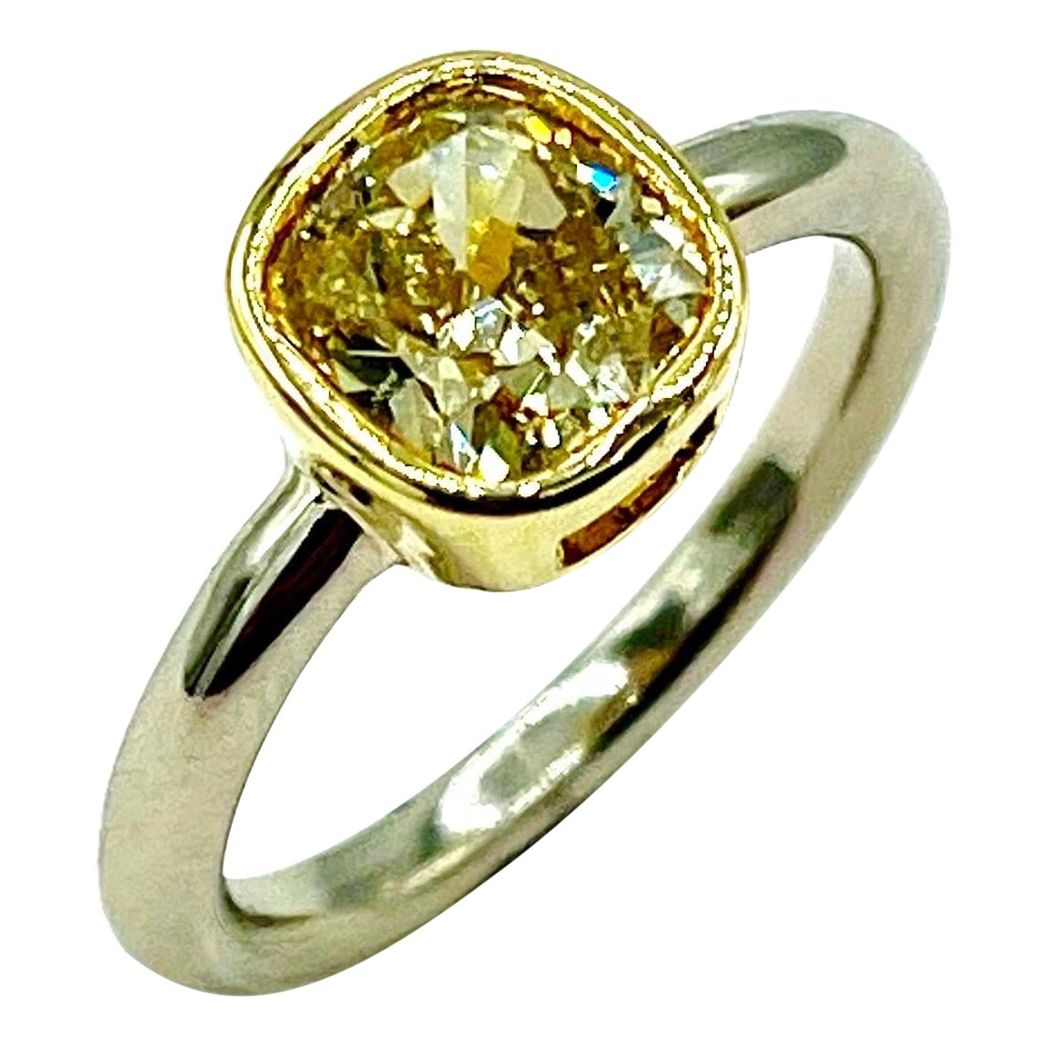 1.38 Carat Fancy Yellow Cushion Cut Diamond Platinum and Gold