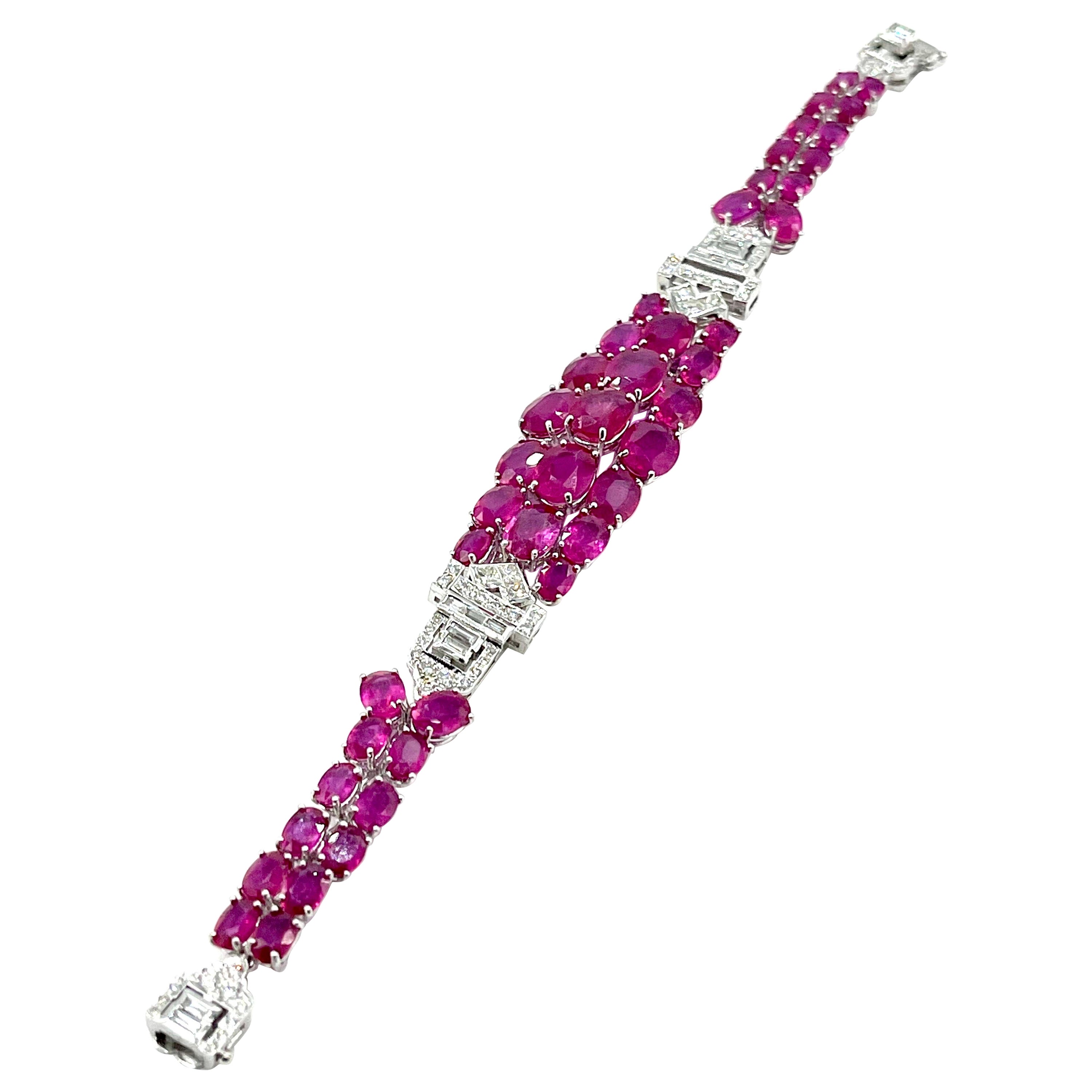 38.90 Carat Oval Ruby and Diamond Deco Style Bracelet