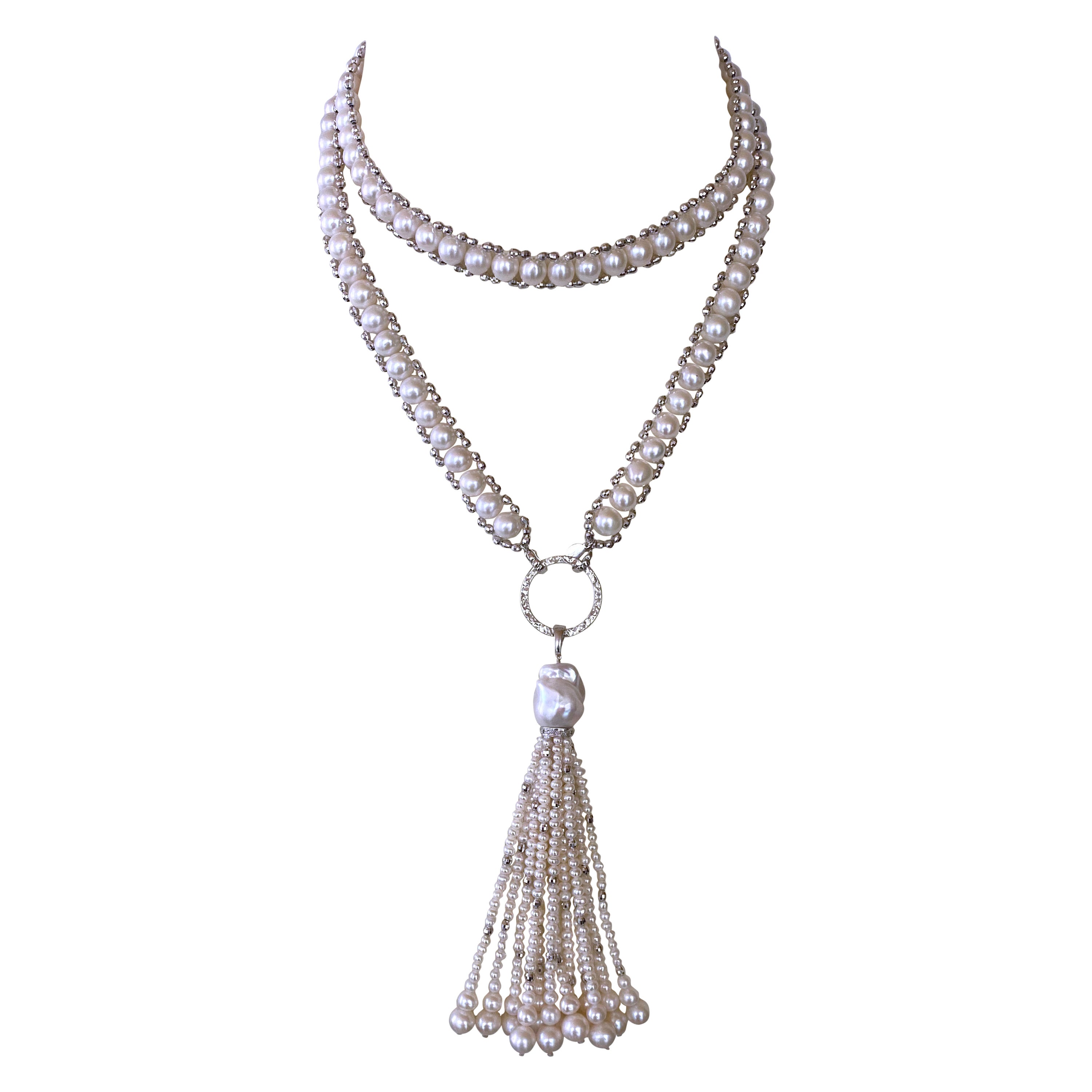 Marina J, gewebtes Perlen- 'Disco Shine' Sautoir mit Gold , Silber, Diamanten , Quaste im Angebot