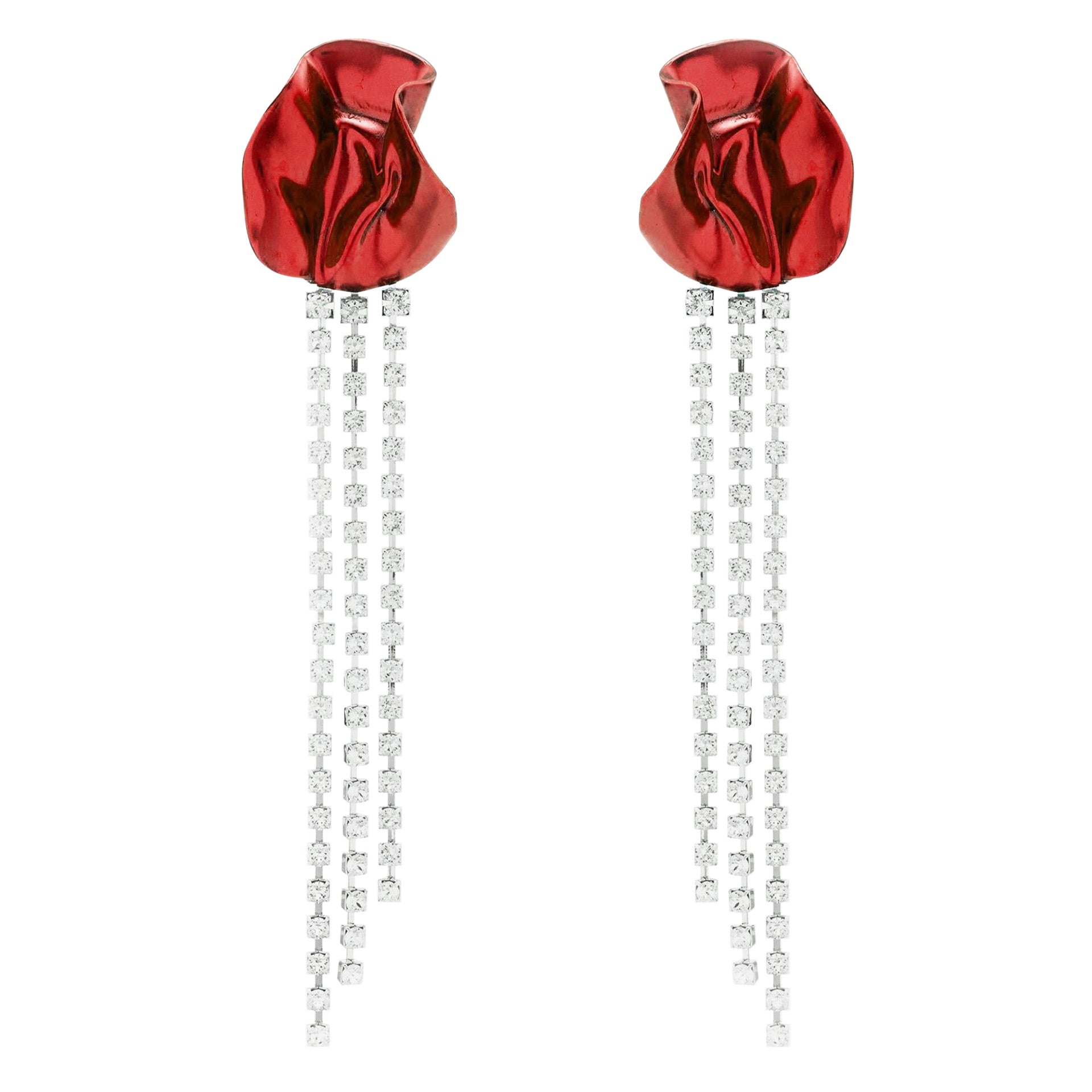 Sterling King Red Abstract Flower Crystal Dangling Statement Earrings For Sale