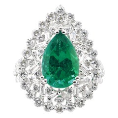 3.73 Carat Natural Pear Shape Emerald and Diamond Ring Set in 18k White Gold