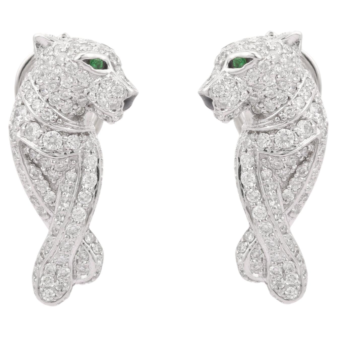 14K White Gold Tsavorite and Diamond Panther Statement Stud Earrings For Sale