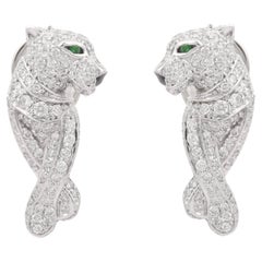 Clous d'oreilles fantaisie panthère en or blanc 14 carats, tsavorite et diamant
