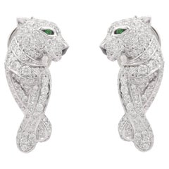 Vintage 14K White Gold Tsavorite and Diamond Panther Statement Stud Earrings