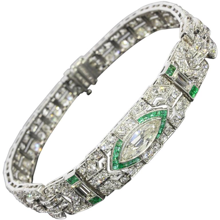 1920s Incredible Antique Art Deco Emerald Diamond Gold Bracelet at 1stDibs