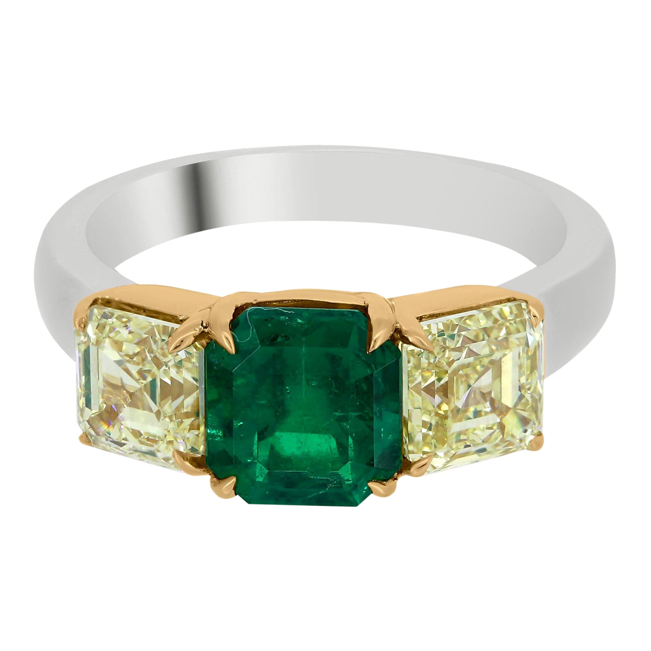 Nigaam 4.34 Cttw. Emerald and Yellow Diamond Three Stone Ring in 18k Gold