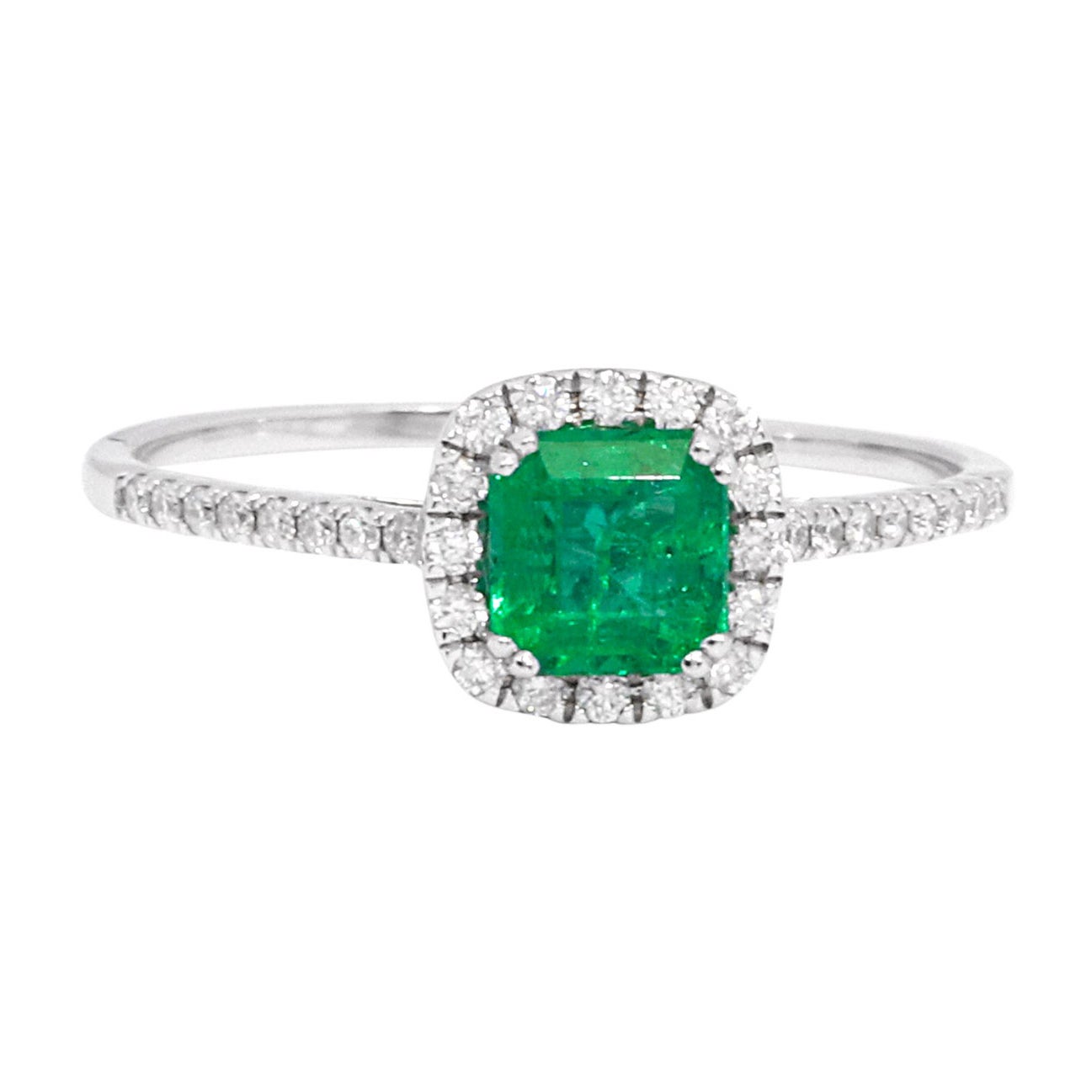 18 Karat White Gold 0.79 Carat Natural Emerald and Diamond Halo Cluster Ring For Sale