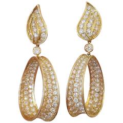 Pave Diamond Gold Drop Hoop Earrings