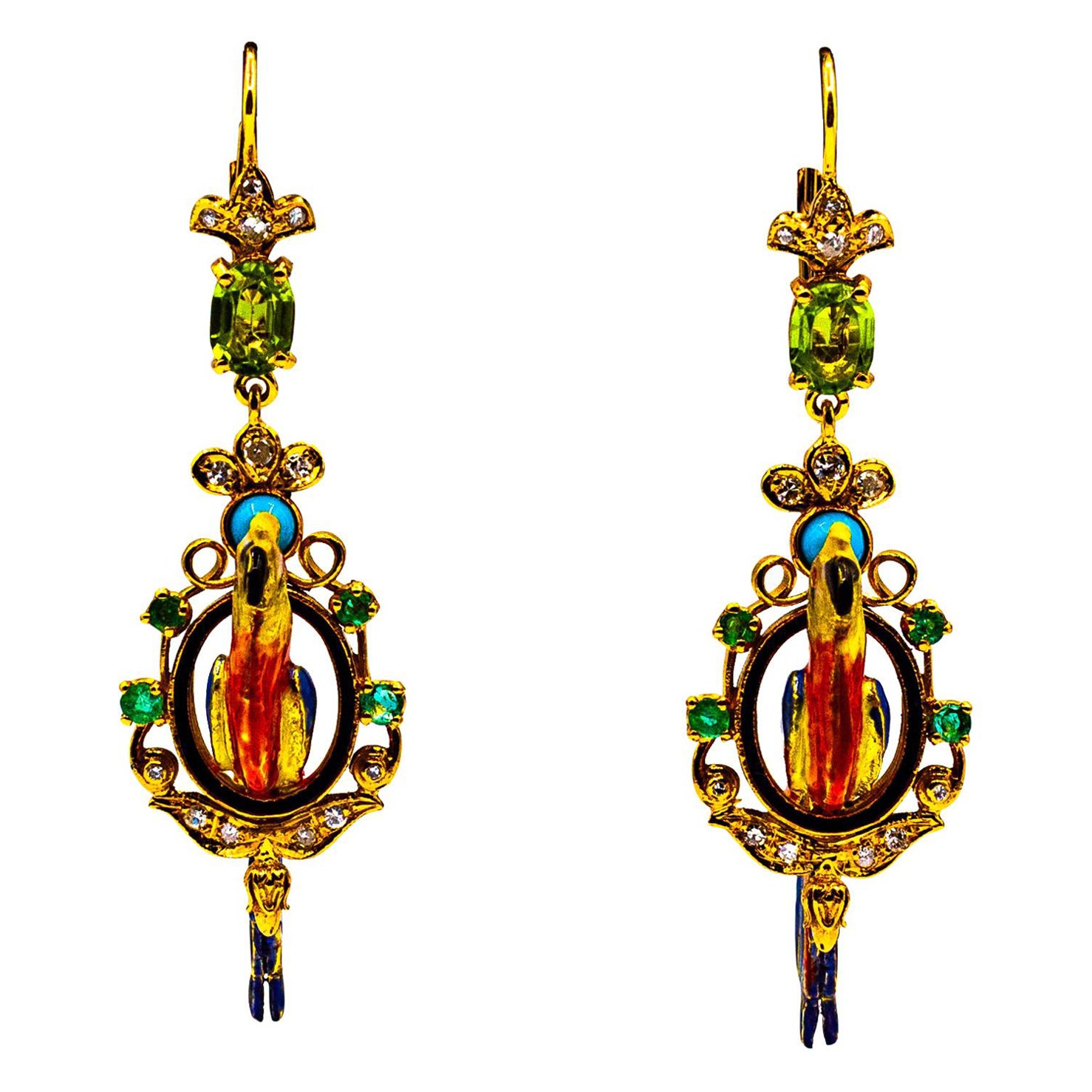 White Diamond Emerald Peridot Turquoise Pearl Enamel Yellow Gold Drop Earrings