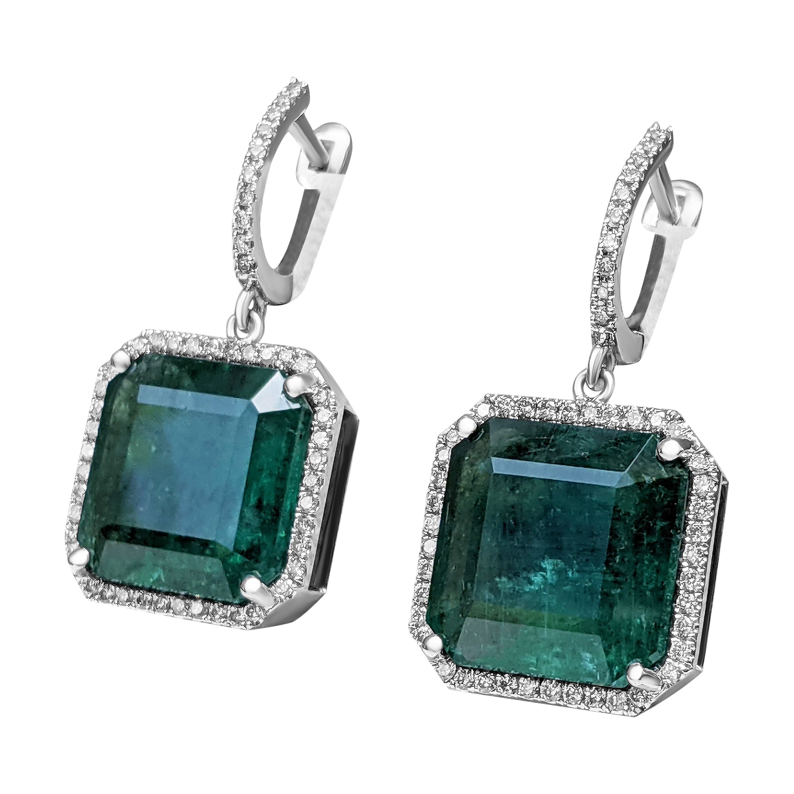 26.96 Carat Emerald and 1.20 Ct Diamonds - 14 kt. White gold - Earrings