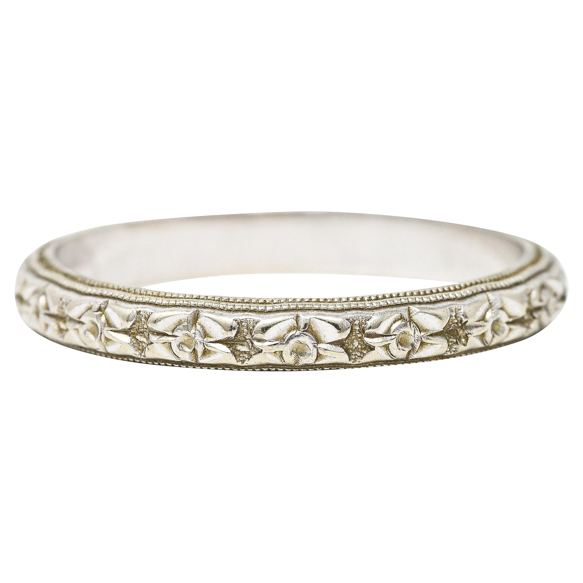 Art Deco 14 Karat White Gold Engraved Orange Blossom Wedding Band Ring