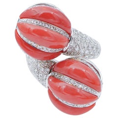 Vintage Coral, Diamonds, 18 Karat White Gold Ring