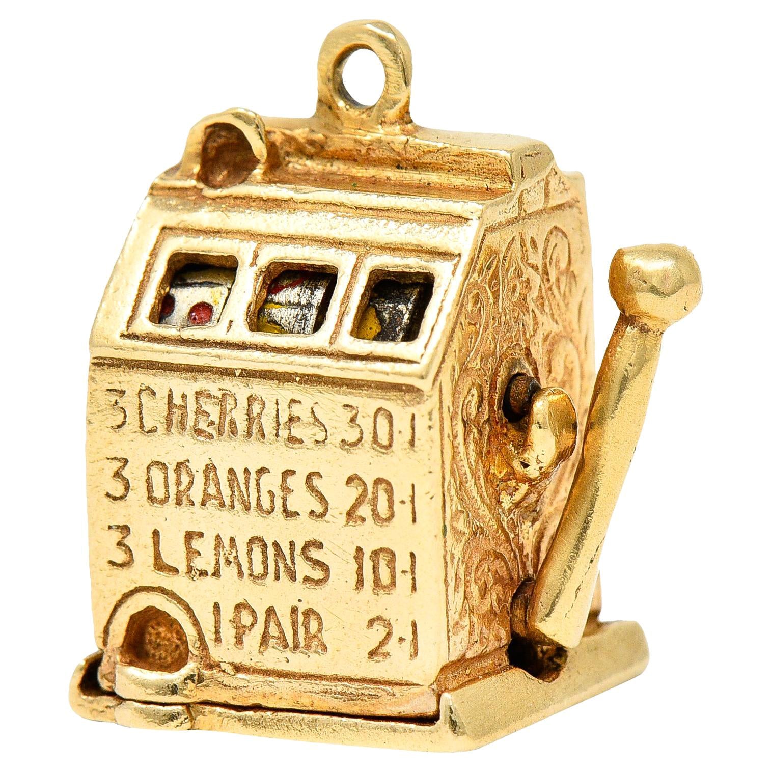1940's Retro Enamel 14 Karat Yellow Gold Vintage Slot Machine Charm