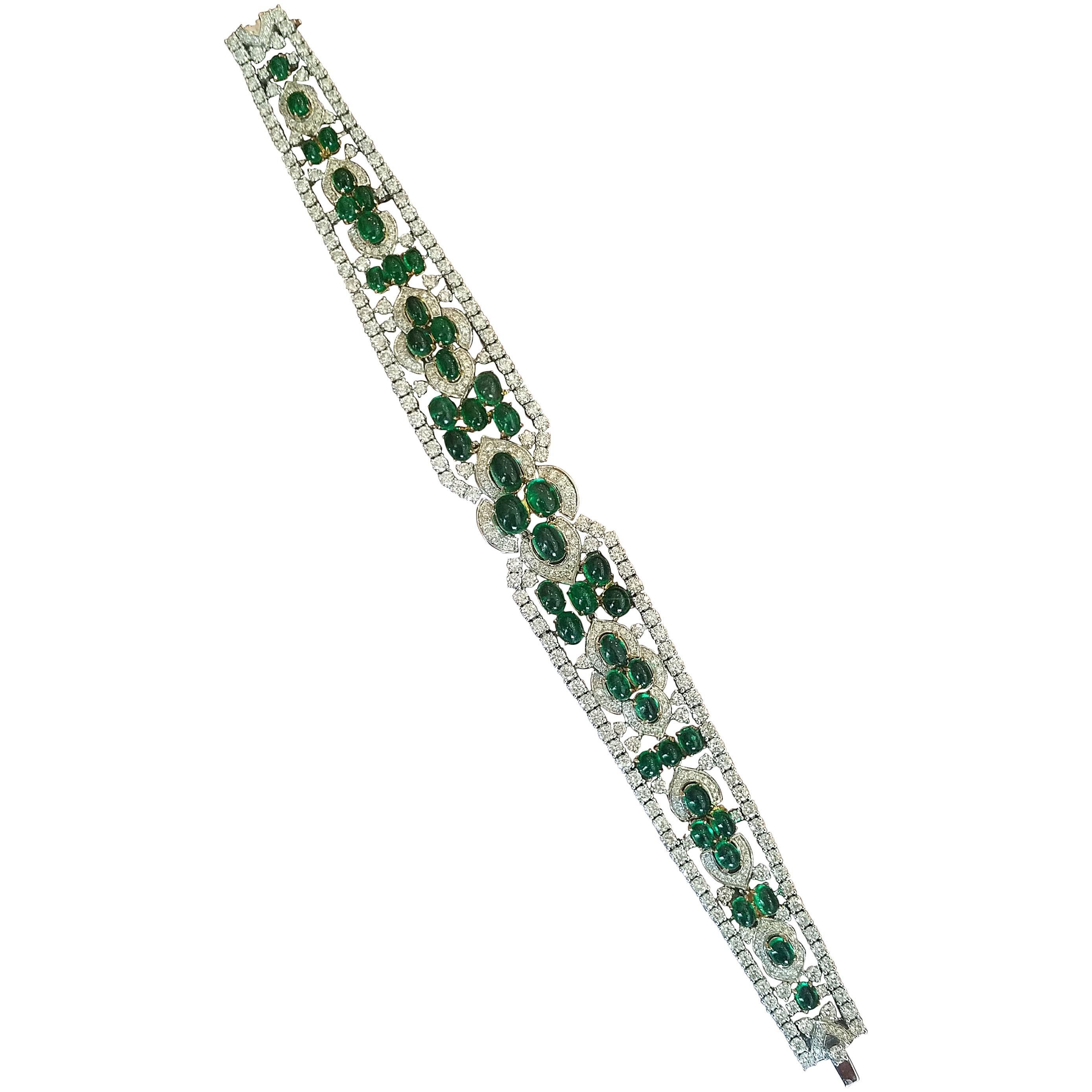 Cabochon Emerald Diamond Two Color Gold Bracelet  For Sale