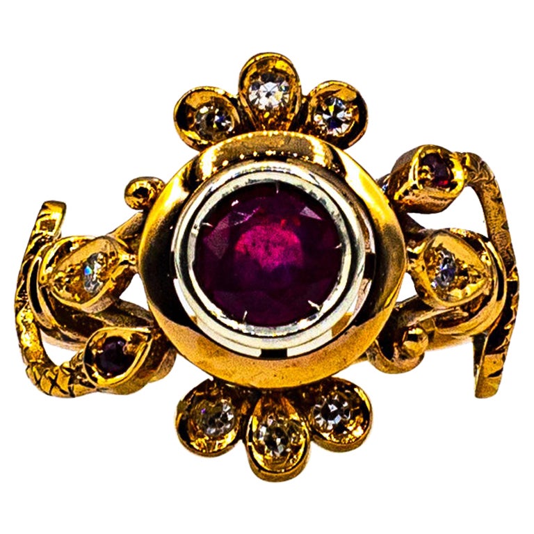 Art Nouveau Style White Old European Cut Diamond Ruby Yellow Gold Cocktail Ring For Sale