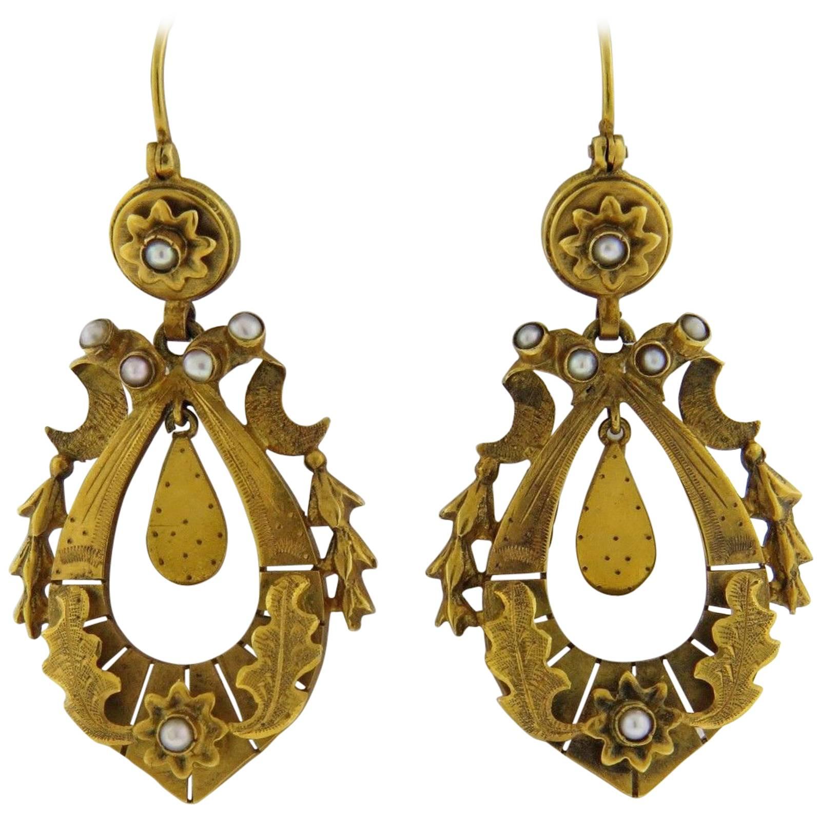 Antique Pearl Gold Dangle Earrings For Sale