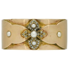 Wide Cuff Victorian Rose Gold Pearl & Diamond Bangle Bracelet