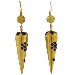 Antique Blue Enamel Gold Cone Dangle Earrings