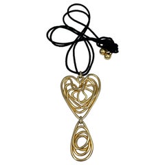 1980s Vintage Balenciaga Gold Tone Wired Heart Black Rope Necklace
