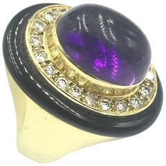  Signed Lagos Amethyst Cabochon Onyx Border Diamond Gold Whimsical Ring