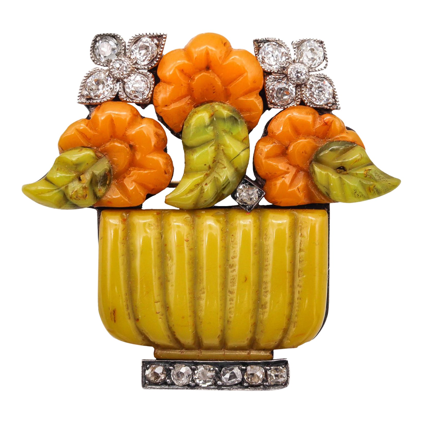 French-Austrian 1920 Art Deco Jardiniere Pendant Brooch Carved Agates & Diamonds For Sale