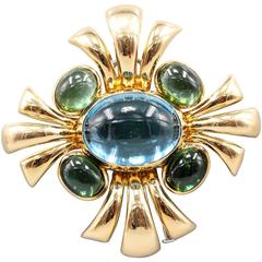 Verdura Cabana Blau Topas Grün Turmalin Gold Brosche