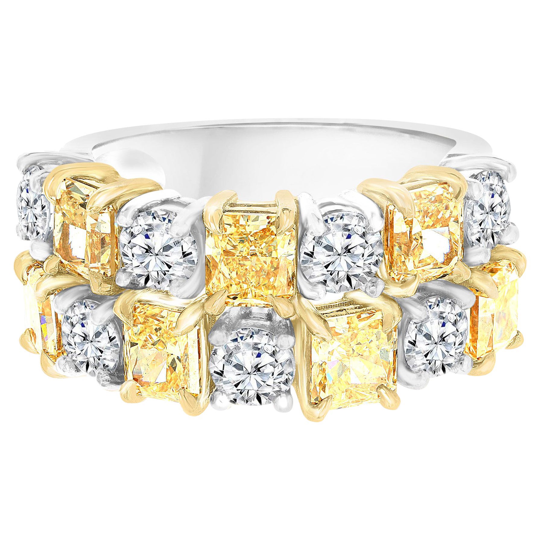 Anillo con banda de diamantes de 5.25 quilates, corte radiante amarillo fantasía y blanco