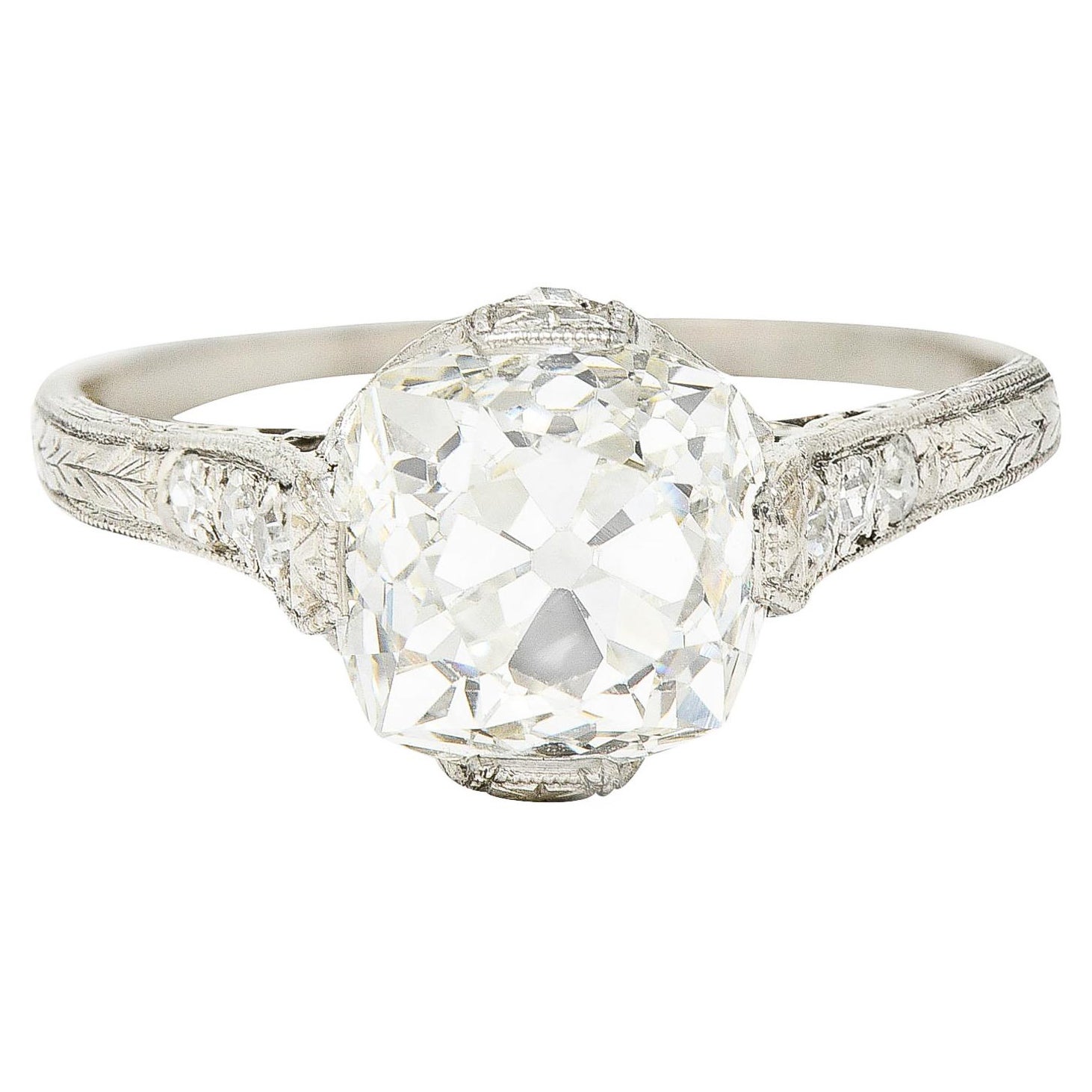 Art Deco 2.78 Carats Old Mine Diamond Platinum Filigree Engagement Ring GIA For Sale