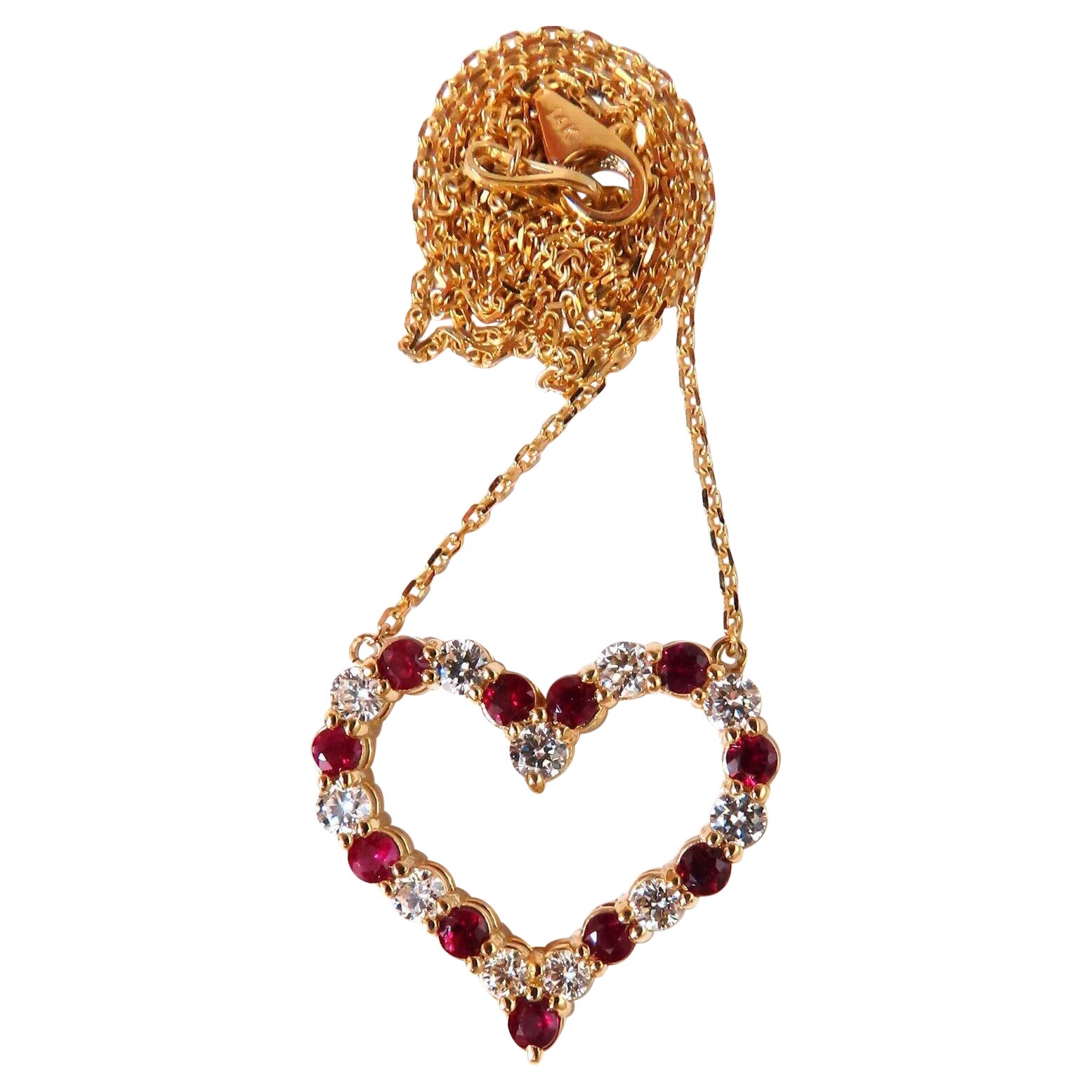 2.20ct Natural Red Ruby Diamond Open Heart Necklace 14 Karat For Sale