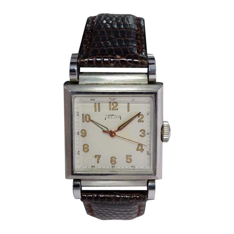 Telda Steel Art Deco Tank Style Watch New, Old Stock with Original Dial 1950's For Sale