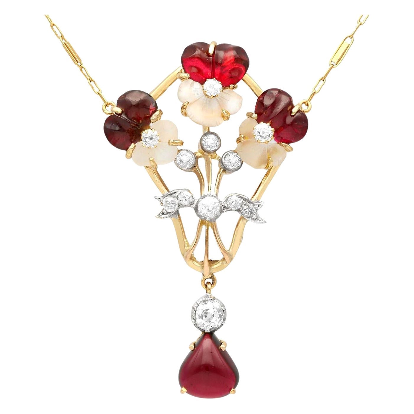 Antique 6.92ct Garnet, 3.50ct Moonstone and 1.23ct Diamond Yellow Gold Pendant