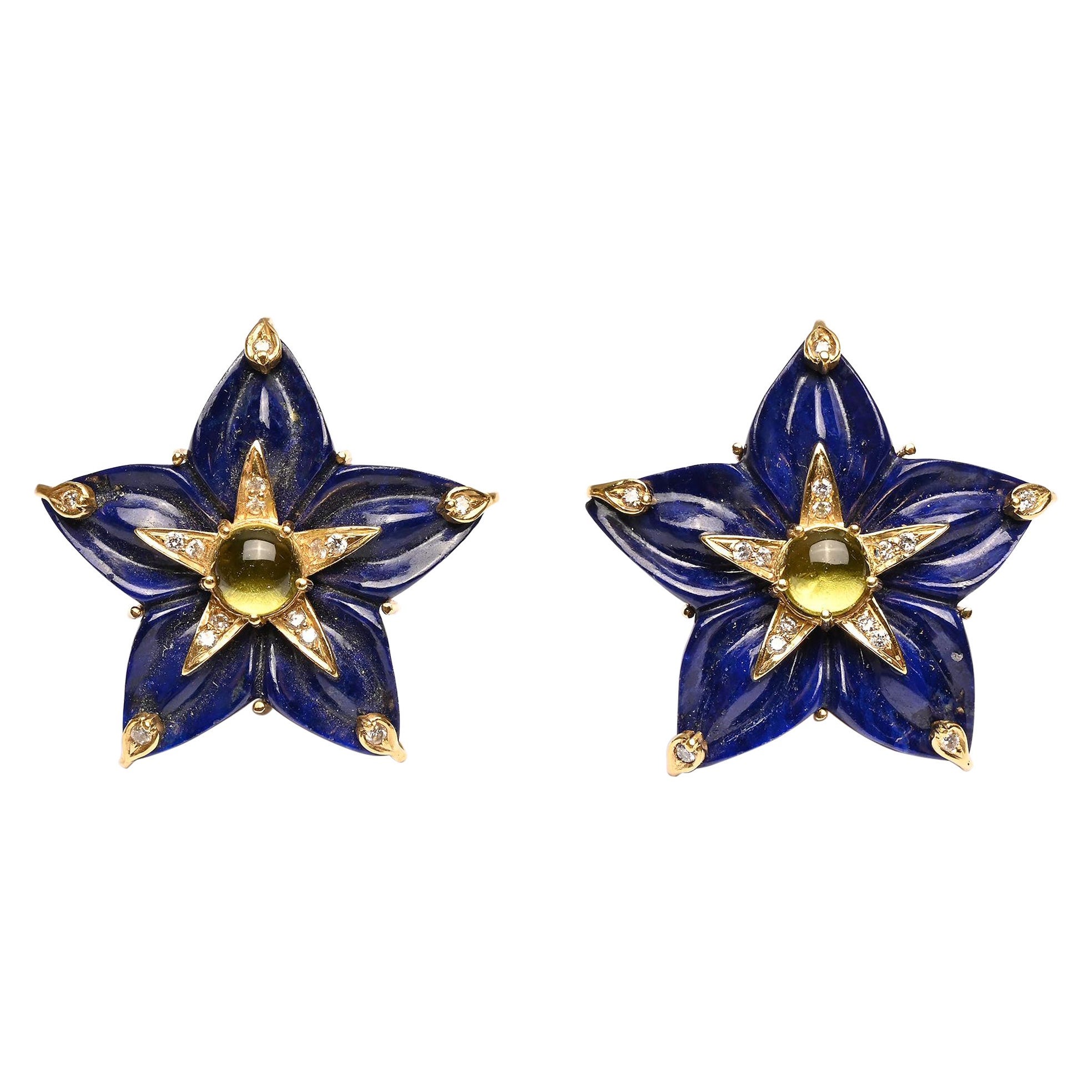 Lapis Lazuli Diamond and Peridot Star Earrings